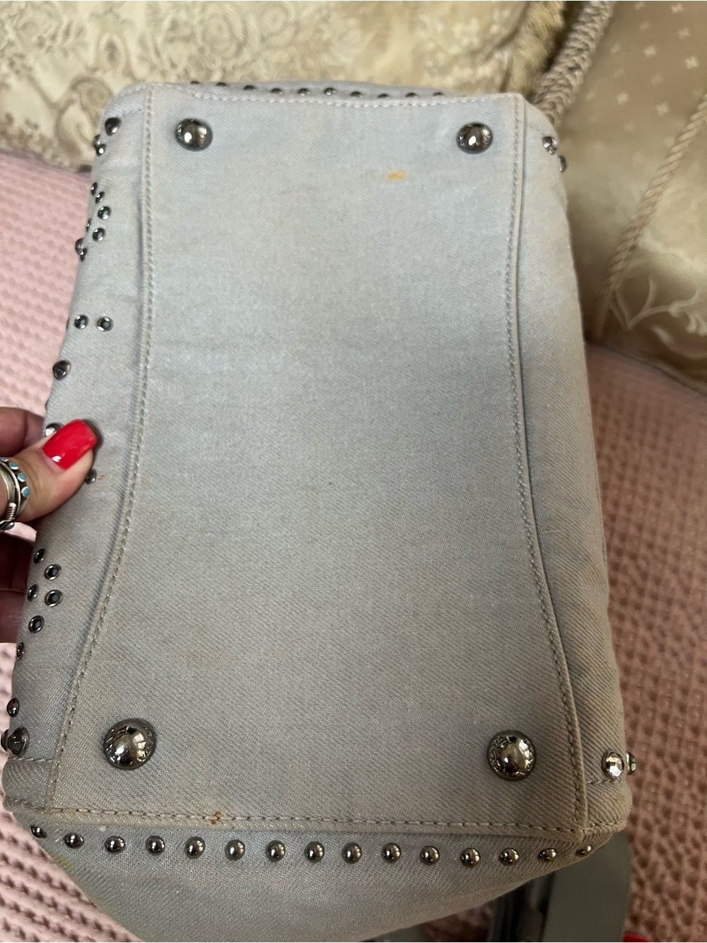 Prada Canapa Studded Crystal Denim Tote Bag Grey Nube B2692H - Picture 8 of 17